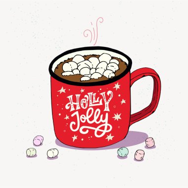 El çekilmiş kırmızı fincan sıcak sıcak çikolata şekerleme ve harflerle ifade Holly Jolly. Kabataslak vektör çizim.