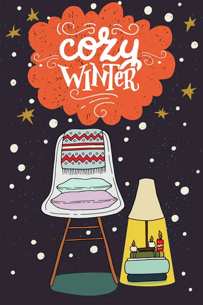 Gemütliche Winterliche Schriftzüge Und Handgezeichnete Illustrationen Eines Stuhls Mit Kissen — Stockvektor