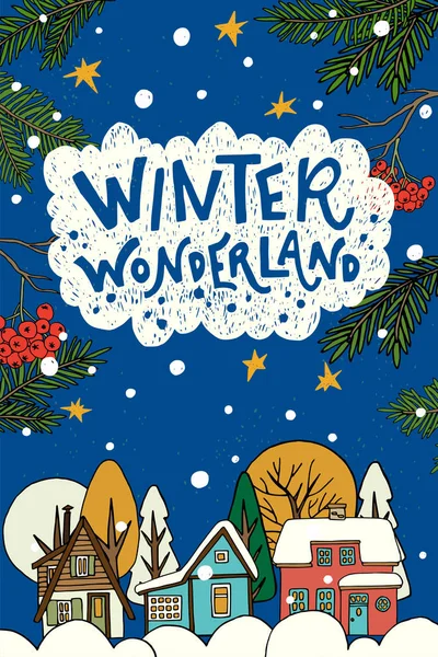 Winterwunderland Hand Schriftzug Zitat Niedlichen Winterszene Mit Kleinen Bunten Stadthäusern — Stockvektor