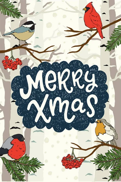 メリー クリスマスの文字 かわいい鳥の冬の森のモミの木やナナカマドの枝の座席との場面のベクトル イラストを手描き ポスターや招待状カード — ストックベクタ