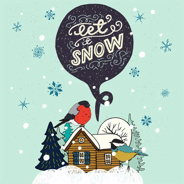 Let Snow Hand Lettering Hand Drawn Winter Scene Snowy Forest — Stock Vector