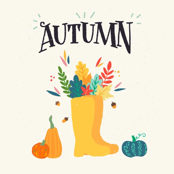 ユニークな手描きのレタリングとクリップアート カラフルな落ち葉とベクトルでゴムのブーツで秋のポスター デザイン アパレルのデザイン シャツ カードやソーシャル メディアのモダンなレタリング — ストックベクタ
