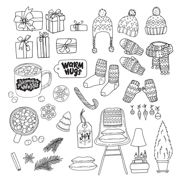 Große Reihe Von Gemütlichen Weihnachtlichen Essentials Sketch Stil Gezeichnet Line — Stockvektor