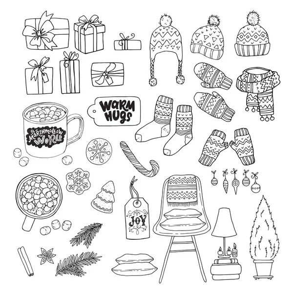 Grand Ensemble Essentiels Noël Confortables Dessinés Dans Style Croquis Illustrations — Image vectorielle