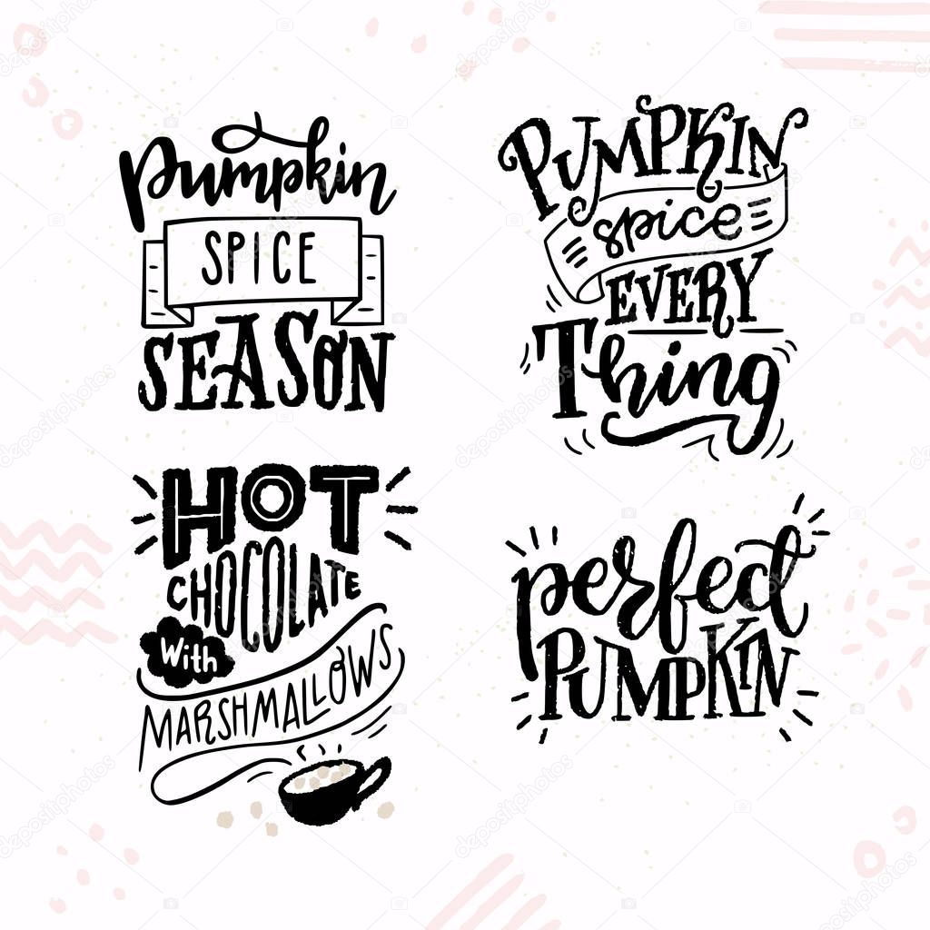 Set of four inspirational autumn hand lettering quotes. Cute and cozy fall woods and phrases. Vector illustration.