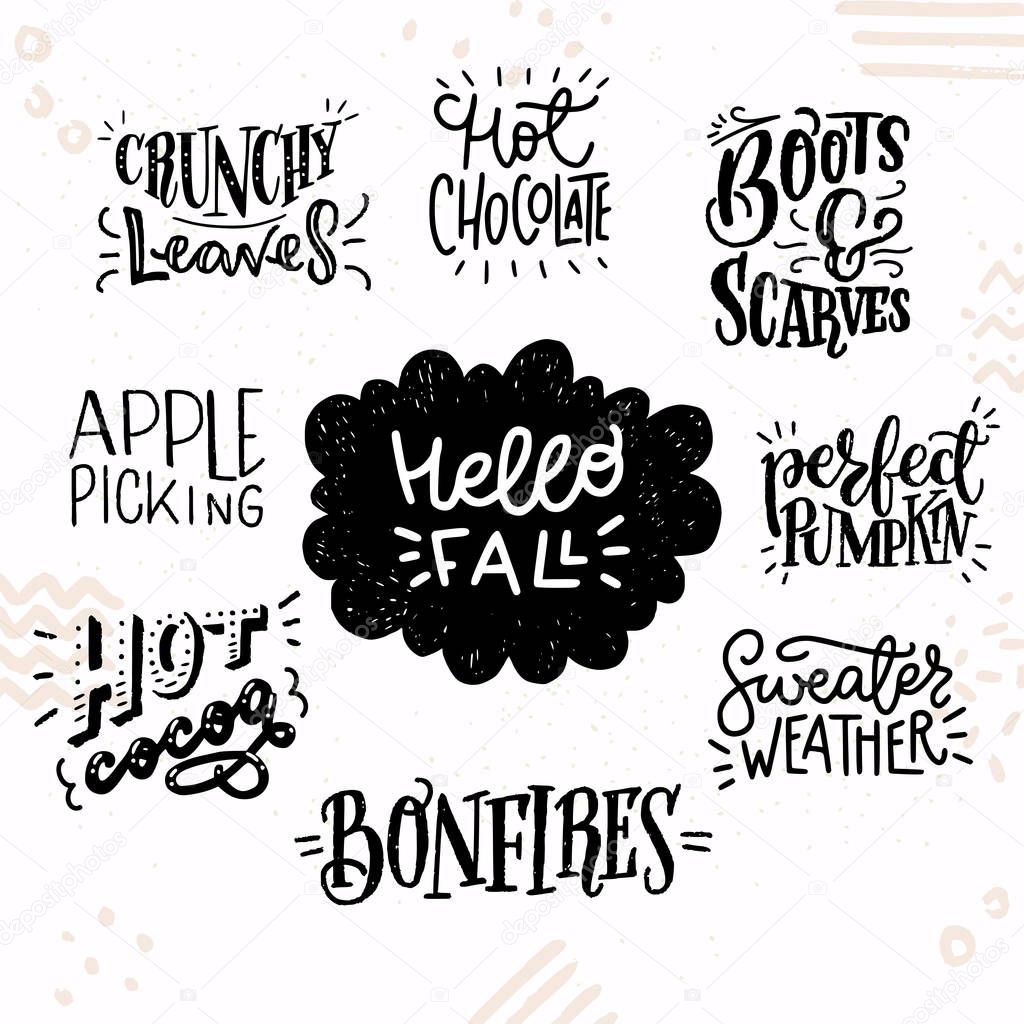 Set of inspirational autumn hand lettering quotes. Cute and cozy fall woods and phrases. Vector illustration.