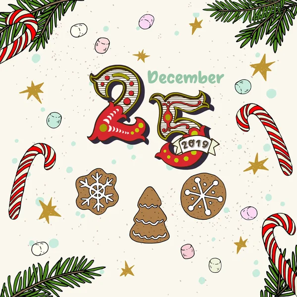 華やかな手描き番号 のかわいいクリスマスのお菓子 ジンジャーブレッドのクッキー キャンディー マシュマロと居心地の良いクリスマス カード ベクトル図 — ストックベクタ