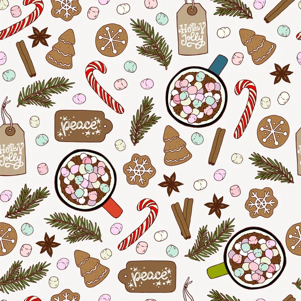 冬季假期无缝模式与手绘卡通糖果 姜饼饼干 糖果藤 棉花糖 热巧克力和礼品标签用气息的话 圣诞节平铺背景 — 图库矢量图片