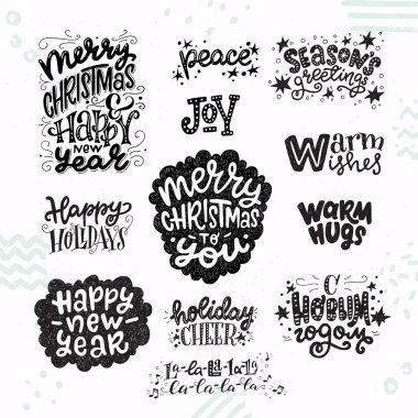 İlham verici Noel ve yeni yıl el tırnak yazı kümesi. Şenlikli tatil sözcükler, ifadeler ve Hediyelik Etiketler, kartları, davetiyeleri, vb için selamlar. Vektör çizim.