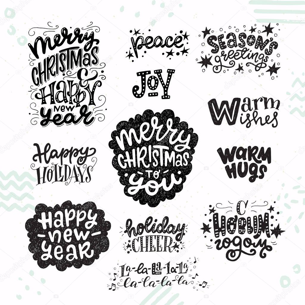 Set of inspirational Christmas and New Year hand lettering quotes. Festive holiday words, phrases and greetings for gift tags, cards, invitations, etc. Vector illustration.