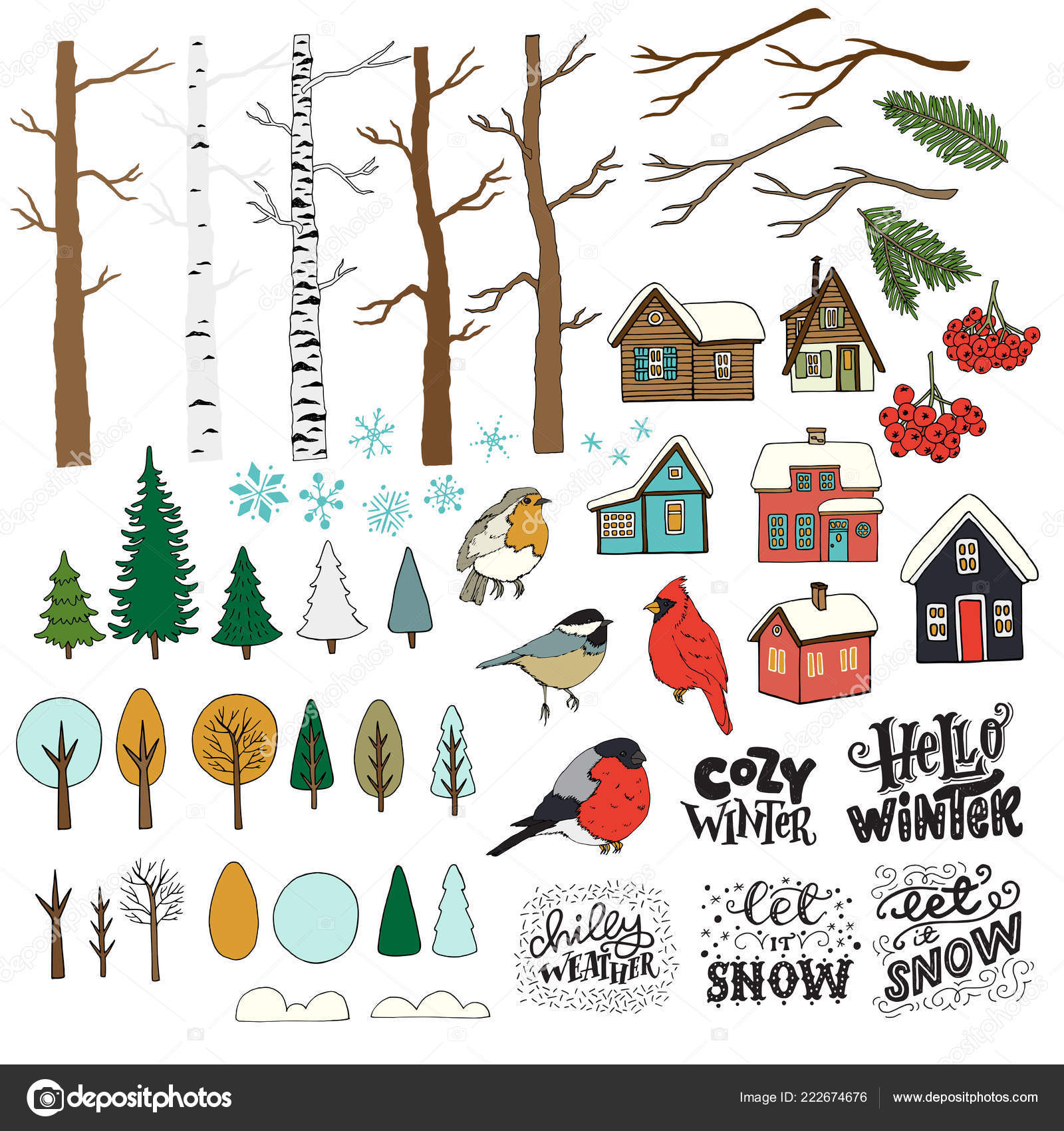 Clipart Cabins Clip Art Big Set Hand Drawn Winter Forest Clipart Trees Birds Cute Stock Vector C Tashanatasha