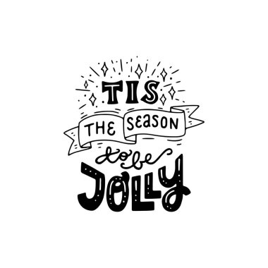 Neşeli Noel ve yeni yıl harflerle ifade Tis sezon olmak da eğlenceli ver. Modern yazı kartları, posterler, tişörtler, vb handdrawn doodle ile yıldız. Vektör çizim.