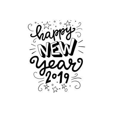 Mutlu yeni yıl 2019 el yazı ifade. Modern yazı kartları, posterler, tişörtler, vb handdrawn doodle ile yıldız. Vektör çizim.