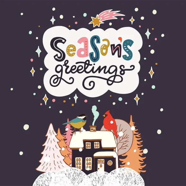 Season Greetings Speelse Hand Belettering Gezellige Winter Tafereel Met Schattige — Stockvector