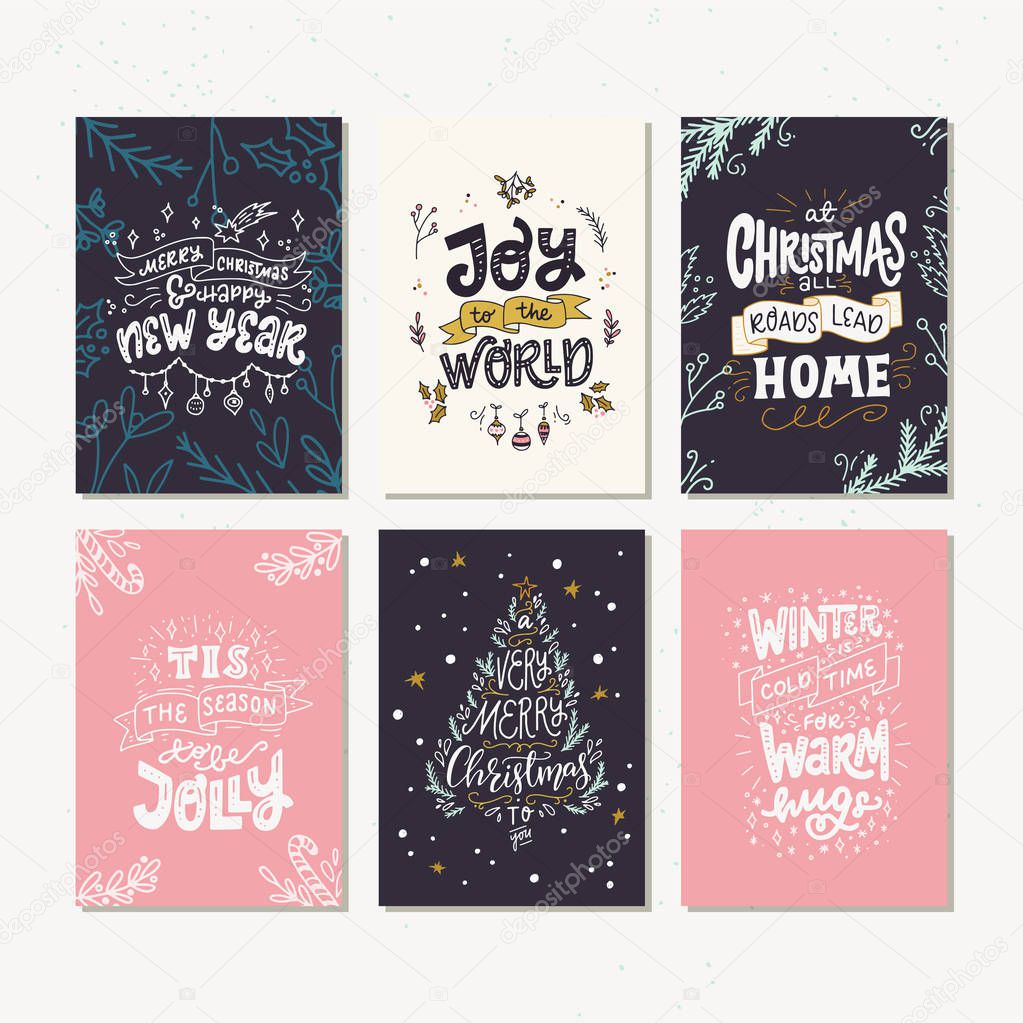 Collection of hand drawn holiday cards or posters. Hand lettering with Christmas saying, quotes and greetings. New Year gift tags made in vector.