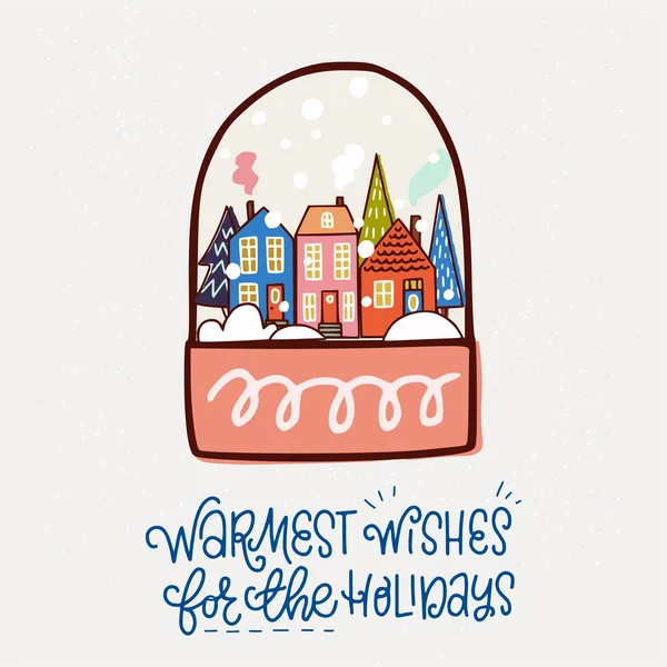 Warmest Wishes Holidays Inscription Winter Scene Cute Town Fir Trees — Stock Vector