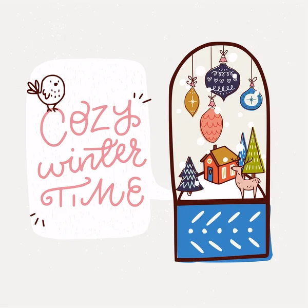Cozy Winter Time Playful Hand Lettering Winter Scene Cute Cabin — Stock Vector