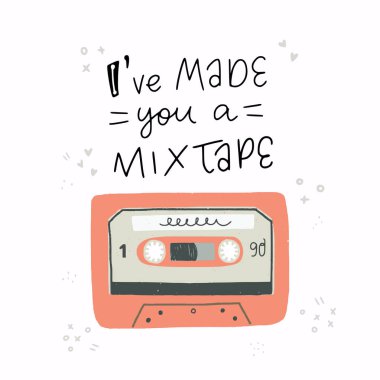 Karikatür tarzı vektör çizim bir eski okul ile kaset ve yapılan Mixtape A el yazısı ifade ettik. Büyük tasarım öğesi etiket, yama ya da poster için. Benzersiz ve eğlenceli çizim.