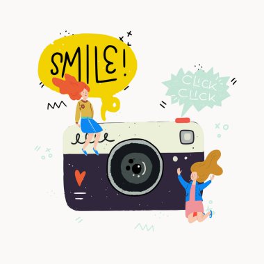 Karikatür tarzı vektör çizim ile bir dev fotoğraf makinesi, mini insanlar bu ve gülümseme ve tıklatın'ı el ile yazılmış cümle üzerinde oturuyor. Büyük tasarım öğesi etiket, baskı veya poster için.