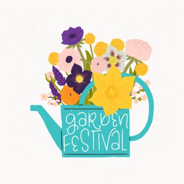 Karikatür tarzı vektör çizim sulama olabilir, buket bahar çiçek ve Bahçe Festivali el yazısı. Etiket, kart, poster ya da merch için büyük tasarım. Rustik çizim ve yazıt.