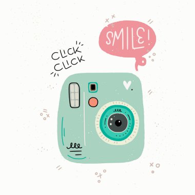 Karikatür tarzı vektör çizim fotoğraf makinesi, gülümseme ve tıklatın'ı tıklatın yazı el. Büyük tasarım öğesi etiket, baskı veya poster için. Şirin 90'lı yılların nostaljik çizim ve yazıt.