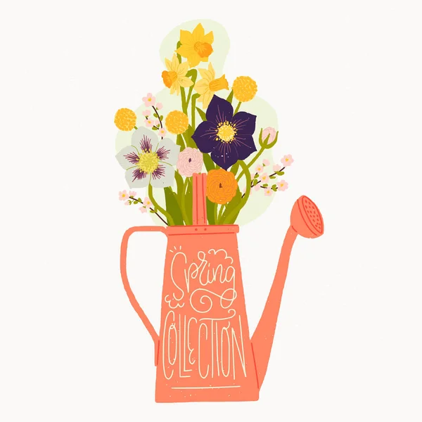 Dibujos Animados Estilo Vector Ilustración Regadera Ramo Flores Primavera Colección — Vector de stock