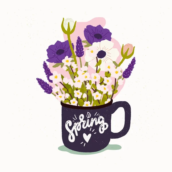 Federkalligrafische Inschrift Flache Vektorillustration Der Tasse Mit Einem Strauß Frühlingsblumen — Stockvektor