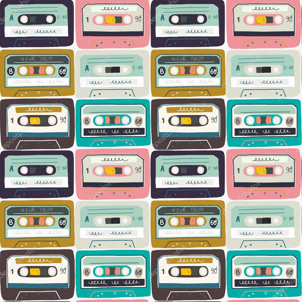 Seamless pattern with hand drawn retro cassette tapes. Old school tiling background with colorful flat style mix tapes. 80's 90's nostalgic vector background, wallpaper, textile or wrapping paper.
