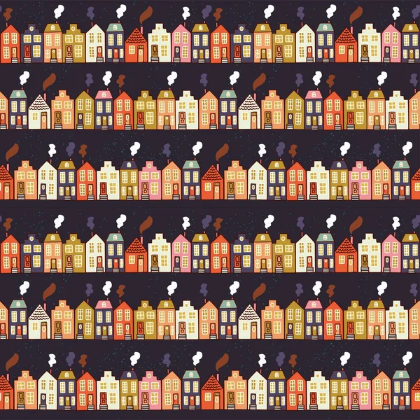 可爱的无缝的模式 由手绘的老欧洲房子组成 街道在一个甜蜜的家庭小镇 素描包装纸 纺织品 向量例证 — 图库矢量图片