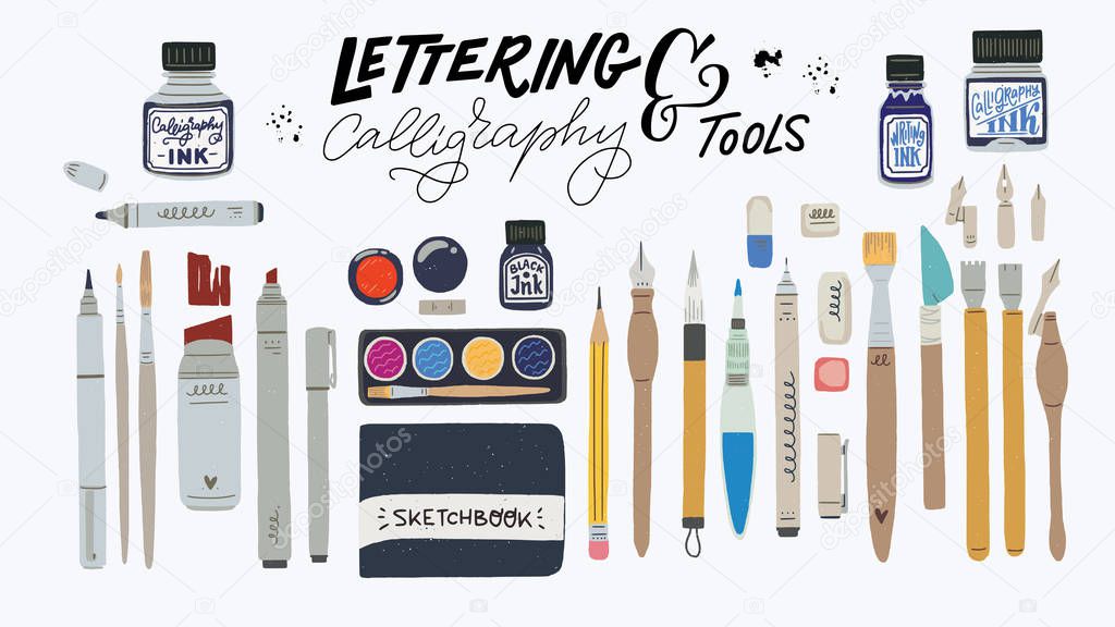 Huge set of tools for hand lettering and calligraphy. Calligraphic essentials - palette, water brush, pencil, eraser, liner, brush pen, marker, ink, nibs, nib holder. Flat style vector art supplies. 