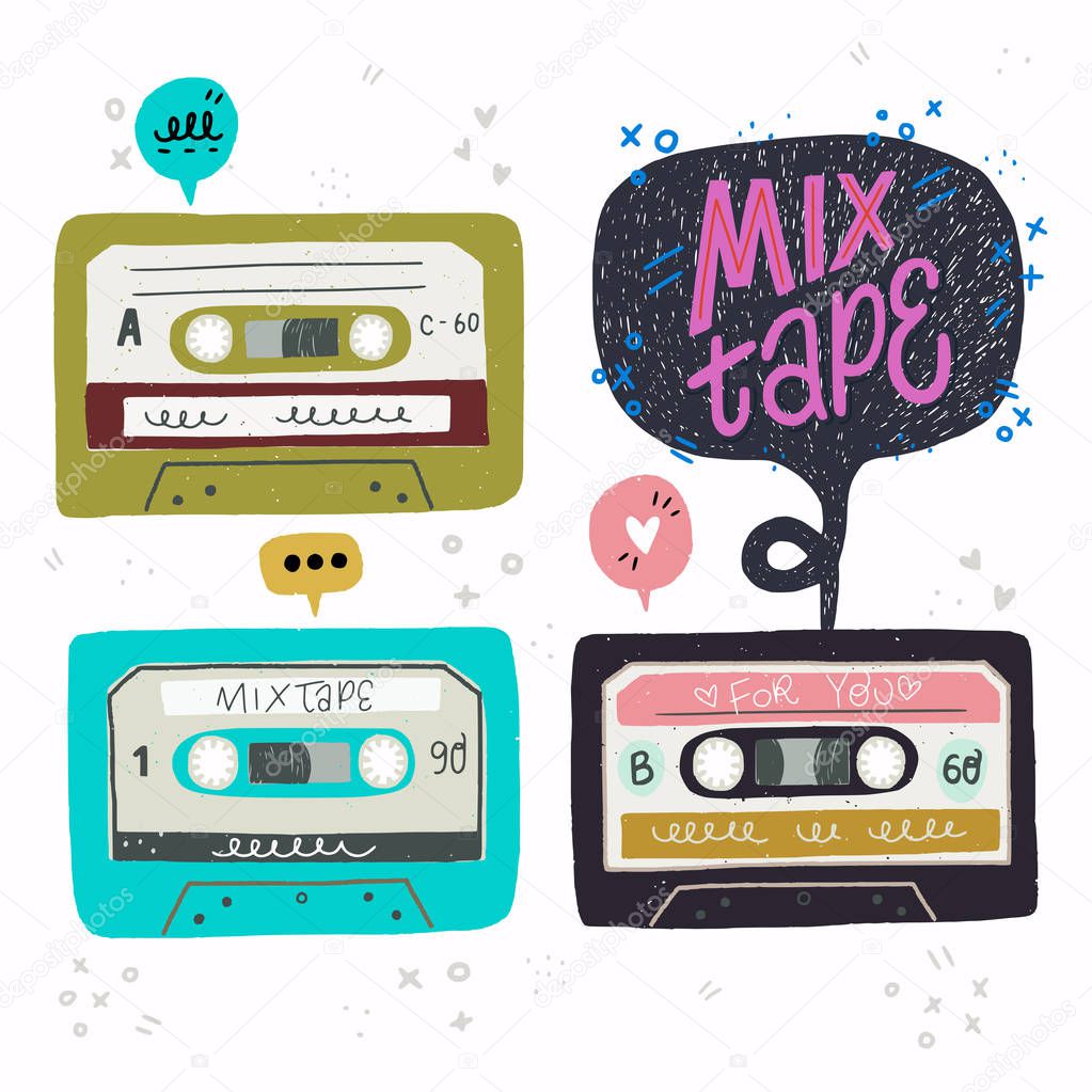 Cartoon style vector illustration with set of old school cassette tapes and Mix Tape hand lettering. Great design element for sticker, patch or poster. Unique and fun drawing and inscription.