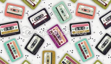 Hareket illüstrasyon. Eski ses Kaset arka plan. Hareketli parlak çizgi film mix bantlar. Retro dalga 2d animasyon. Mükemmel arka plan geri 80s 90s nostalgical parti, müzik olay, festival, blog.
