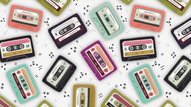 Motion illustration. Old audio cassette background. Moving bright cartoon mix tapes. Retro wave 2D animation. Perfect background for back to 80s 90s nostalgical party, music event, festival, blog.