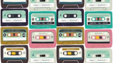 Hareket illüstrasyon. Eski ses Kaset arka plan. Hareketli parlak çizgi film mix bantlar. Retro dalga 2d animasyon. Mükemmel arka plan geri 80s 90s nostalgical parti, müzik olay, festival, blog.