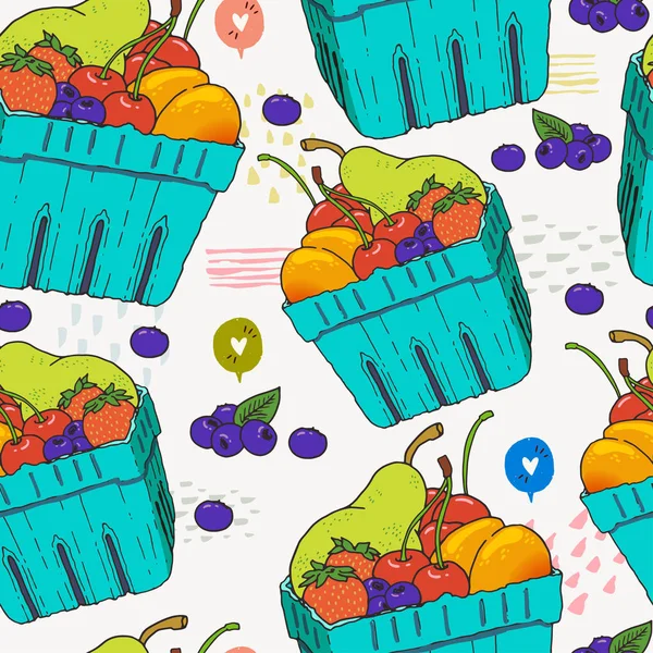 果物や果実使い捨て青い段ボール箱のシームレス パターン 手には 地元の夏の果物のベクトル イラストが描かれました ベジタリアンやビーガン料理 生でヘルシーでカラフルな背景 — ストックベクタ