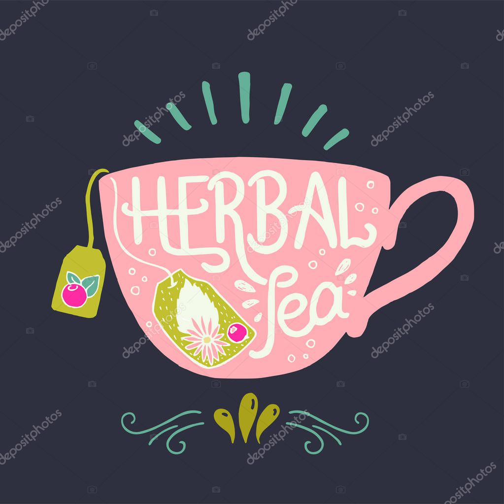 Cozy and calming hand drawn illustration of the nice cup of camomile tea with tea bag and lettering phrase Herbal Tea with doodle element on background. Great design for cafe and kitchen poster, card.
