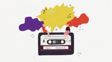 Çizgi film düz stil ses Kaset kaset animasyon oynatma. Mükemmel Mix ifade, kızlar saç uçan ile oturup yazı animasyonlu el. 90s 80s için mükemmel nostalgical parti, müzik etkinliği, Festivali.