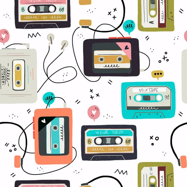 Seamless Pattern Hand Drawn Cassette Tapes Players Retro Wave Tiling — Stock Vector