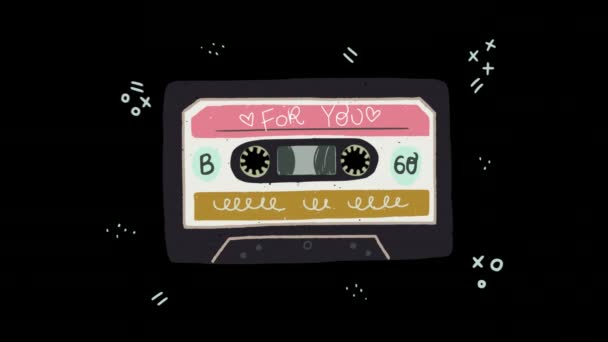 Cassette Magnético Gráfico Movimiento Con Cinta Giratoria Elementos Garabato Animados — Vídeos de Stock