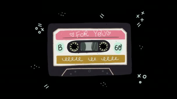 Bewegungsgrafische Magnetkassette Mit Spinnband Und Animierten Doodle Elementen Nostalgische Mixtape — Stockvideo