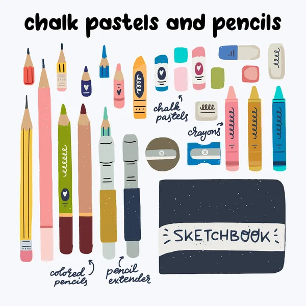 Chalk Pastels Pensils Art Suppliers Tools Sketching Drawing Flat Multicoloured — Stock Vector