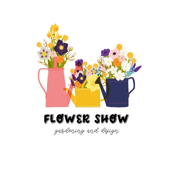 じょうろで花をレタリング手春カラフルな花の花束は ガーデニングとデザインを示しています 挨拶と招待状カード ポスター バナー チラシ バッグのフラット スタイル ベクトル図 — ストックベクタ