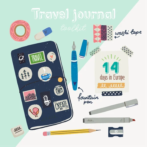 Handdrawn Flat Style Travel Journaling Toolkit Художественный Журнал Предметов Первой — стоковый вектор