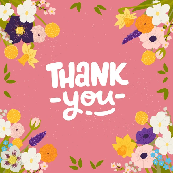 Carte Remerciement Florale Élégante Cadre Dessiné Main Fleurs Printemps Inscription — Image vectorielle