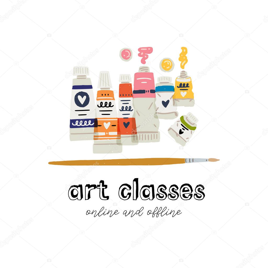 Colorful vector art studio design. Perfect emblem for online and offline painting classes. Group of different kinds of paint in tubes - watercolor, gouache, acrylic for business card and merchandise.
