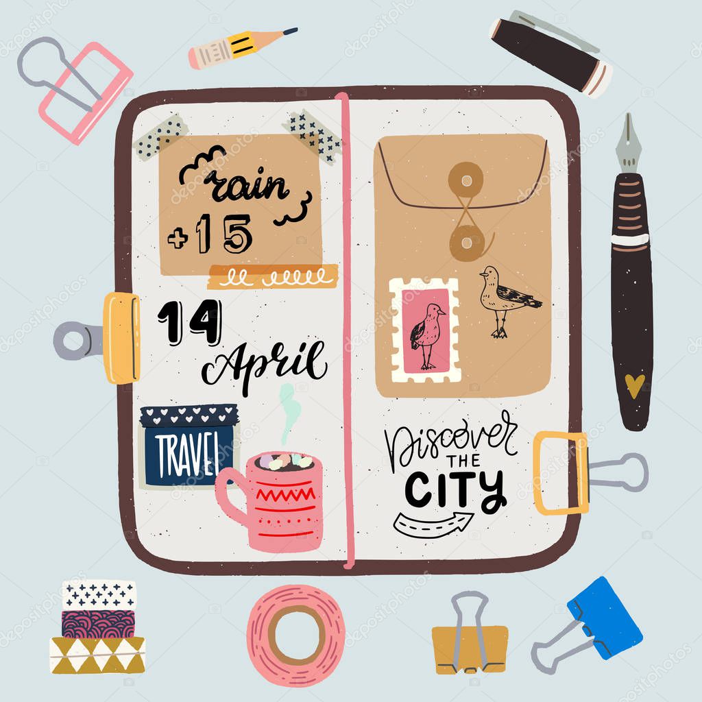 Hand drawn flat style travel journaling layout. Art journal essentials - sketchbook in cover with stickers, metal clips, pen, pencil, washi tapes and fountain pen. Flat lay vector illustration.