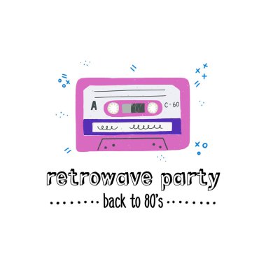 Çizgi film düz stil ses kaset. Metin Retrowave parti, 80s için mükemmel amblemi yazı el 90'lı yılların nostalgical parti, müzik olay, festival, blog. Çizilmiş vektör çizim el.