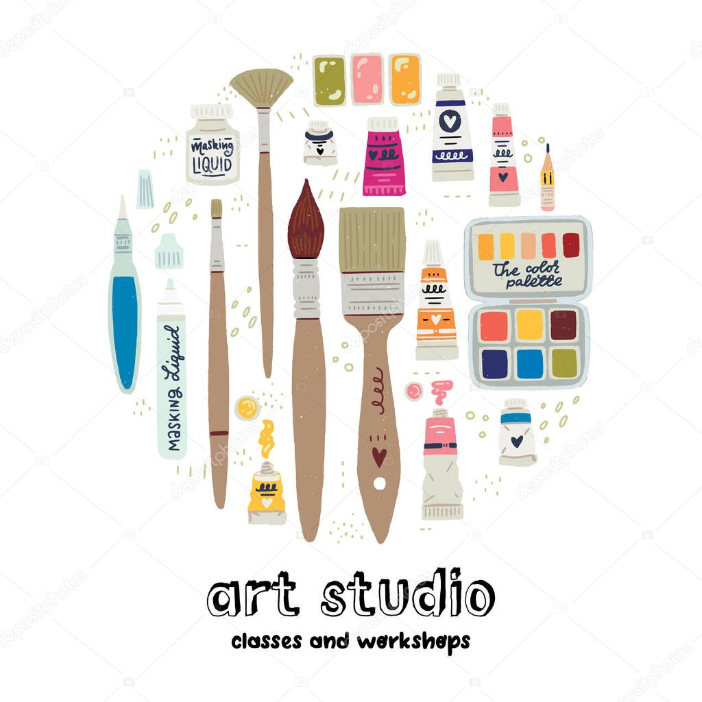 Painting tool set with lettering inscription art studio classes and workshops. Flat style icons of brushes, colour palette, paint tubes, pen, masking liquid, water brush. Vector illustration