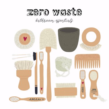 Ekran yazı ile banyo gerekli sıfır atık kümesi. Kit düz stil Eko fırçalar, pamuk temizleme bezi, saç çekme, ayak resimler, pamuklu çubuk ve sert taş. Online mağaza, mağaza, site için vektör çizim