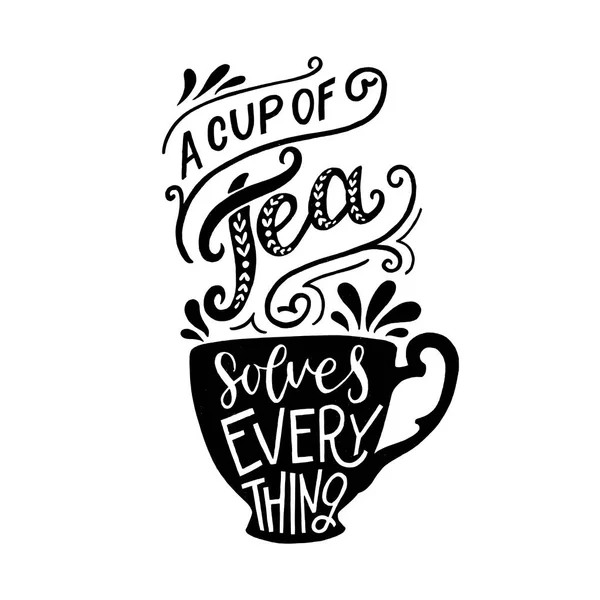 Tea Party Iscrizione Lettering Disegnato Mano Sullo Sfondo Una Silhouette — Vettoriale Stock